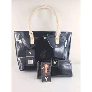 Vanessa Williams Black Patent Leather Large Tote Handbag Purse & Wallet Set Of 2